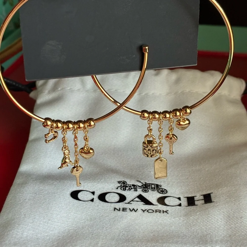 COACH Earrings,Coach Gold Hoop Earrings with Charms - Picture 7 of 11